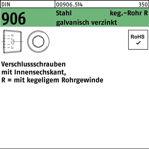 Verschlußschraube DIN 906 Innen-6kt R 1/8 Stahl galv.verz. 100St.