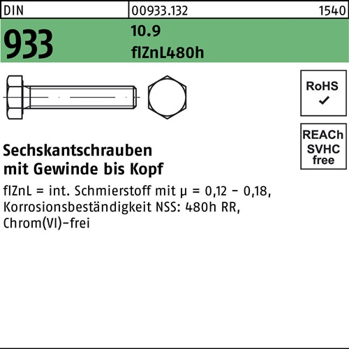 Sechskantschraube DIN 933 VG M6x 35 10.9 flZnL/nc/x/x/480h/C 200 Stück
