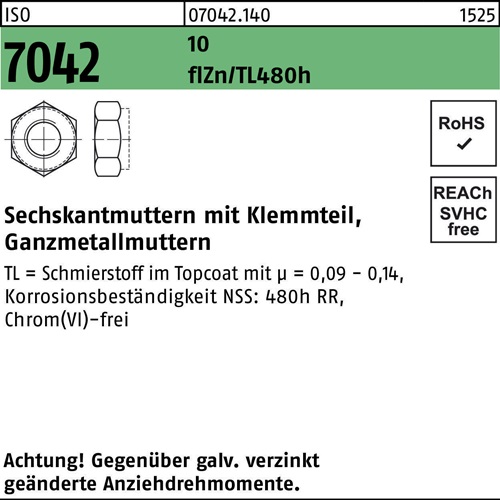 Sechskantmutter ISO 7042 Klemmteil M20 10 flZnnc 480h-L 50St.