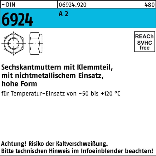 Sechskantmutter DIN 6924 Klemmteil M20 A 2 25 Stück
