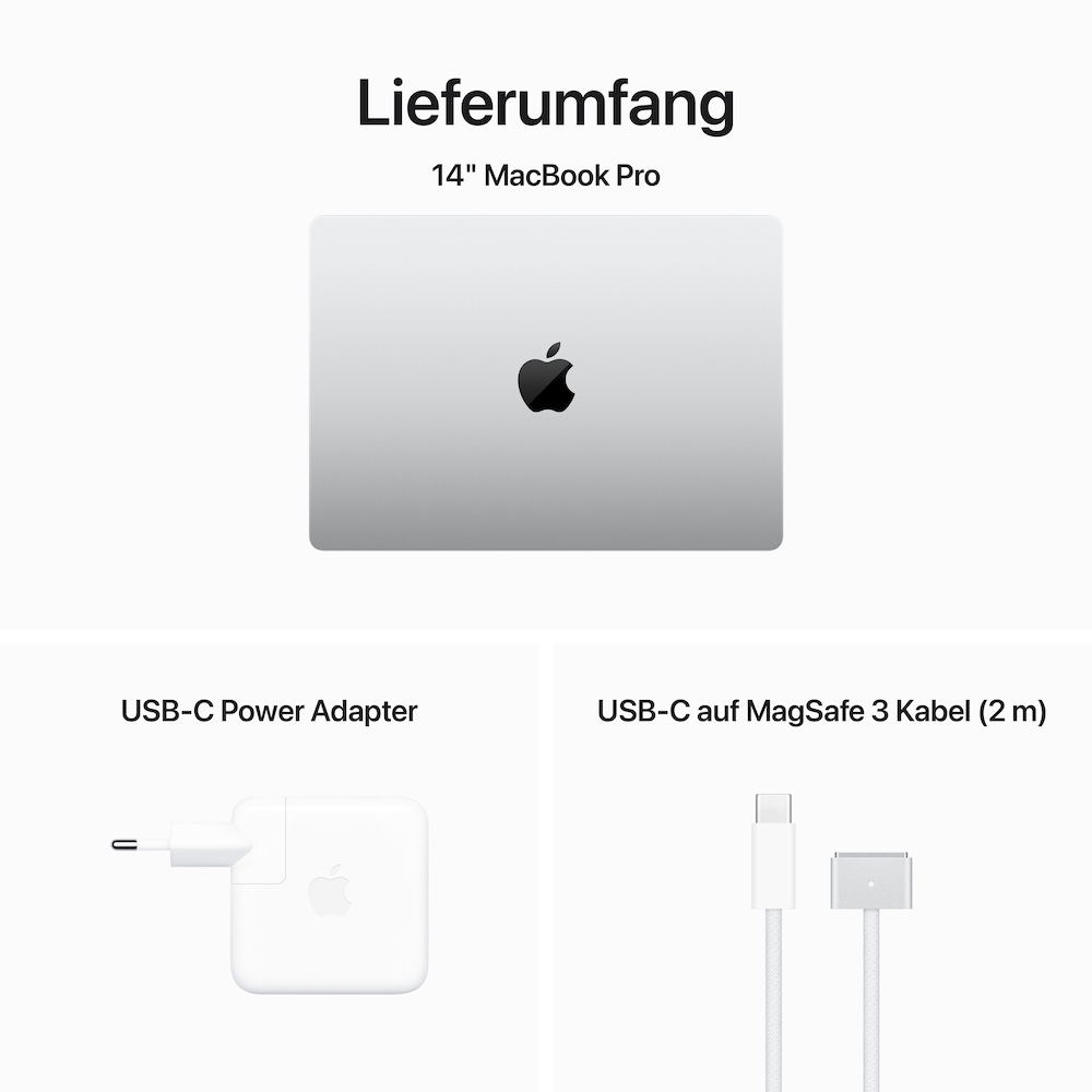 Apple MacBook Pro 14" (LATE 2023)"Silber M3 Chip mit 8-Core CPU, 10-Core GPU und 16-Core Neural Engine 14" 1TB Deutsch macOS 70W USB-C Power Adapter 8GB