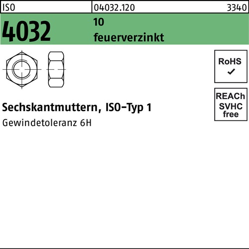 Sechskantmutter ISO 4032 M16 10 feuerverz. 100 Stück