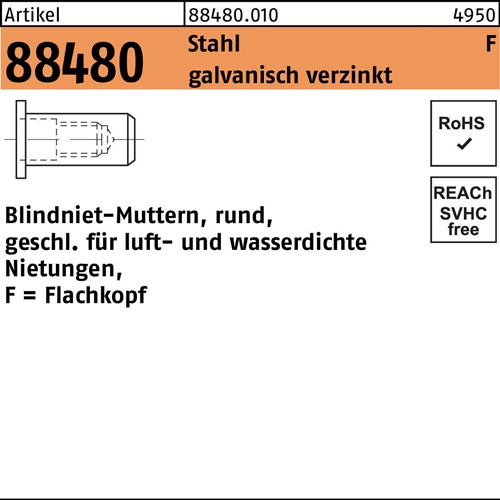 Blindnietmutter R 88480 FLAKO M8 /0,5 -3,5 Stahl galv.verz. 200 Stück