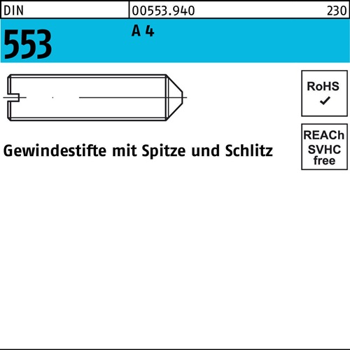 Gewindestift DIN 553 Schlitz/Spitze M6x 12 A 4 25 Stück
