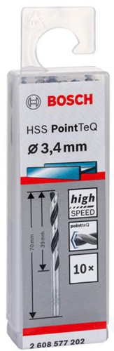 Bosch Metallspiralbohrer PointTeQ DIN388 Arbeits-L.39mm D.3,4mm Typ N 10St.