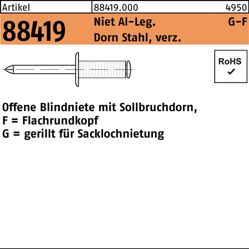 Blindniete R 88419 Flachrundkopf 4x12 Niet Aluminium/Dorn Stahl verz. 500St.