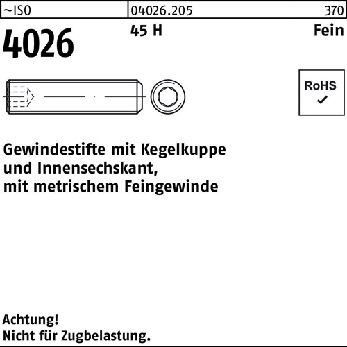 Gewindestift ISO 4026 Kegelkuppe/Innen-6kt M20x 1,5x 60 45 H 25 Stück
