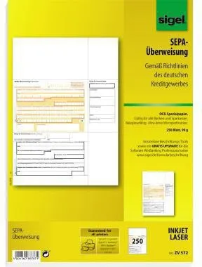 SIGEL Überweisung ZV572 DIN A4 für InkJet/Laser-Drucker 250 Bl./Pack.