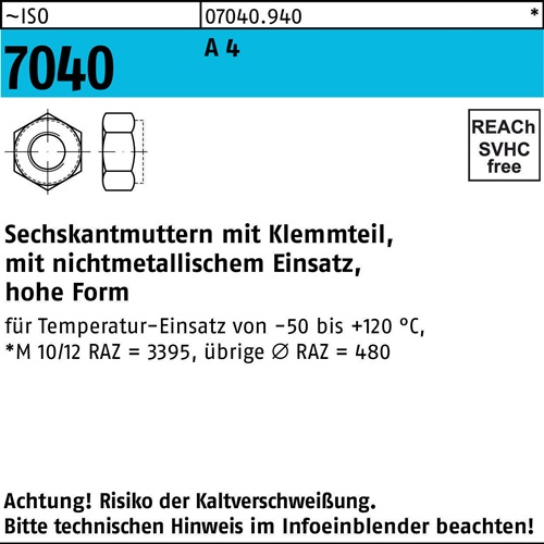 Sechskantmutter ISO 7040 Klemmteil M20 A 4 25 Stück