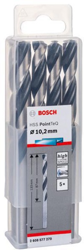 Bosch Metallspiralbohrer PointTeQ DIN388 Arbeits-L.87mm D.10,2mm Typ N 5St.