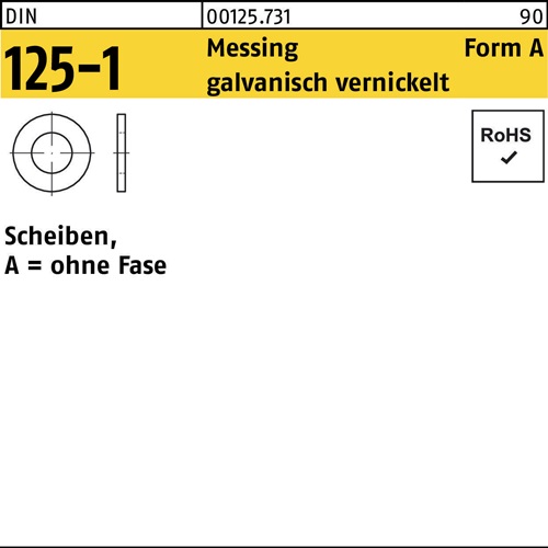 Unterlegscheibe DIN 125-1 A 8,4x16x1,6 Messing galv. vernickelt 1000St.