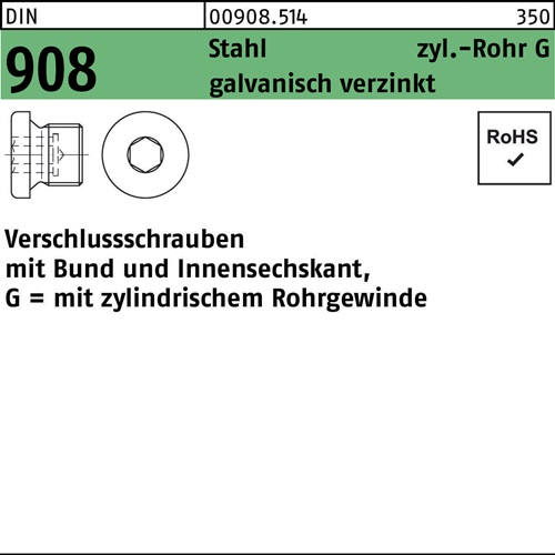 Verschlußschraube DIN 908 Bund/Innen-6kt G 3/4 A Stahl galv.verz. 25St.