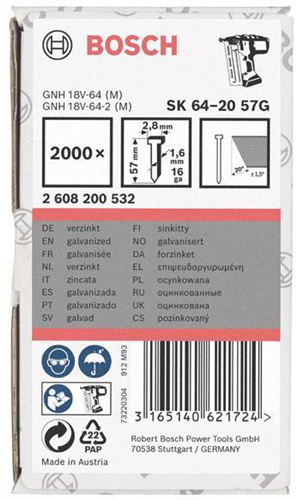 Bosch Senkkopfstift SK64-20 G 2000-tlg.LxBxD.57x2,8x1,35mm verzinkt Drahtmaß 1,6mm