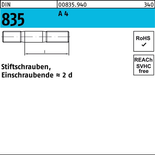 Stiftschraube DIN 835 M8x 30 A 4 Einschraubende=2d 10 Stück