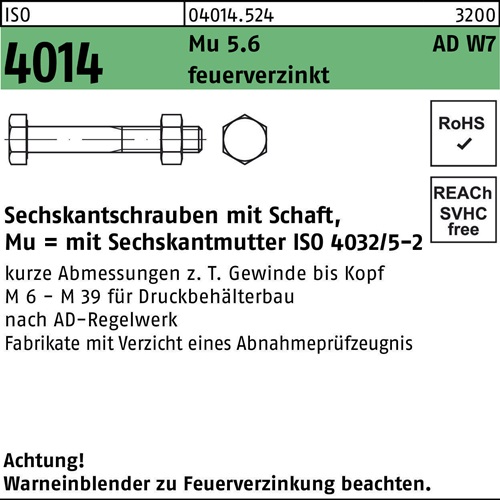Sechskantschraube ISO 4014 Schaft M24x 120 Mu 5.6 W7 feuerverz. 10 Stück