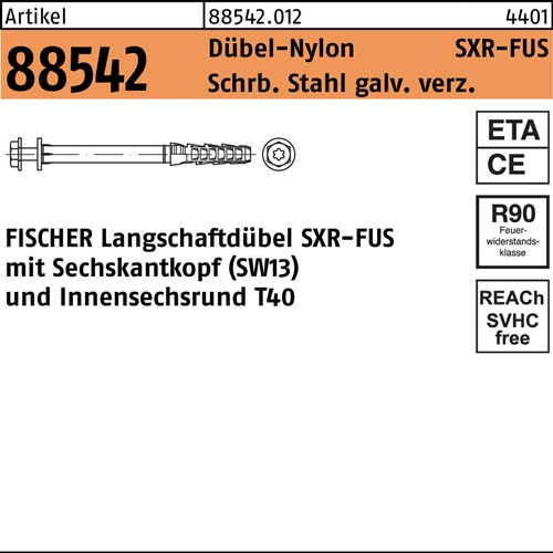 Rahmendübel R 88542 SXR 10x 60 FUS Schraube Sta verz./Dübel-Nylon 50St. FISCHER