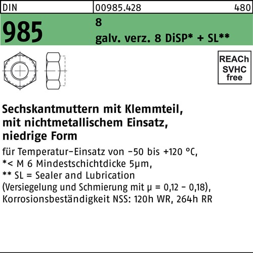 Sechskantmutter DIN 985 Klemmteil M8 8 galv.verz. 500 Stück