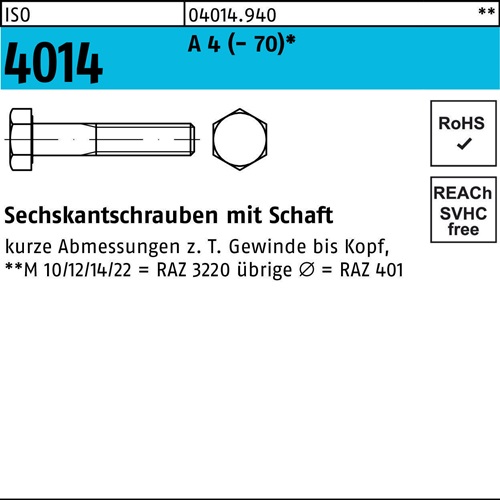 Sechskantschraube ISO 4014 Schaft M22x 150 A 4 (- 70) 10 Stück