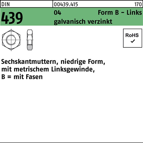 Sechskantmutter DIN 439 FormB links BM 24 Automatenstahl galv.verz. 25St.