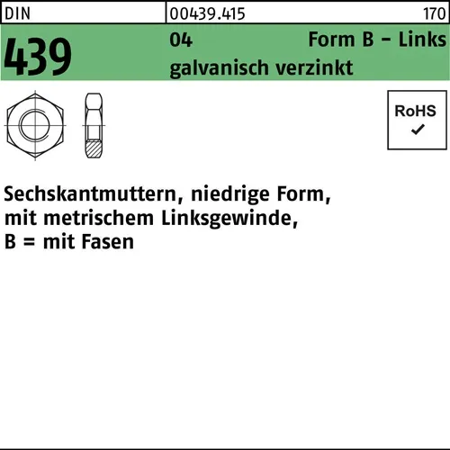 Sechskantmutter DIN 439 FormB links BM 20 Automatenstahl galv.verz. 50St.