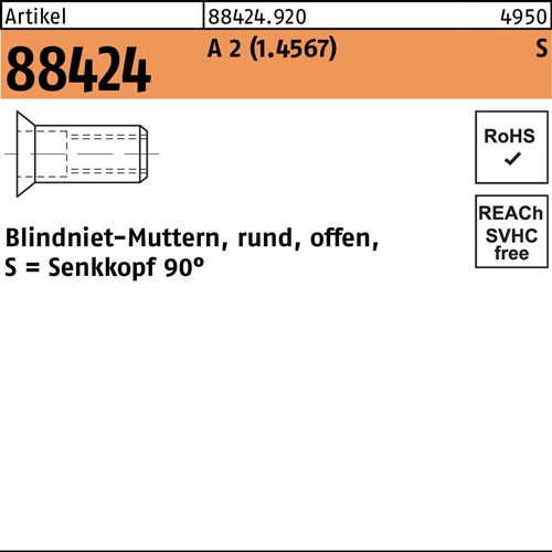 Blindnietmutter R 88424 SEKO M4 /1,5 -3,0 A 2 500 Stück
