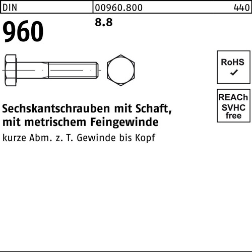 Sechskantschraube DIN 960 Schaft M20x1,5x 85 8.8 25 Stück
