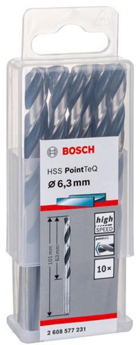Bosch Metallspiralbohrer PointTeQ DIN388 Arbeits-L.63mm D.6,3mm Typ N 10St.