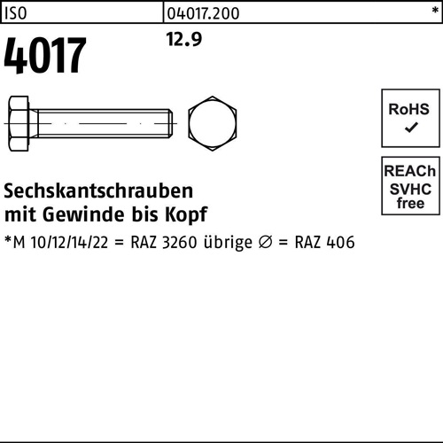 Sechskantschraube ISO 4017 VG M6x 16 12.9 500 Stück