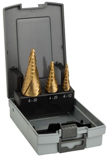 Bosch Stufenbohrer 3-tlg.Stufen-D.4-12mm/4-20mm/6-30mm HSS TiN-besch. 9/9/13Stufen