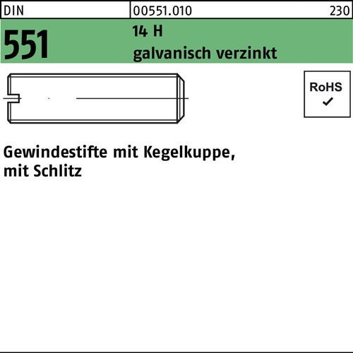 Gewindestift DIN 551 Kegelkuppe/Schlitz M12x60 14 H galv.verz. 50St.