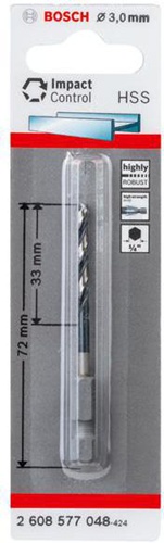 Bosch Spiralbohrer Arbeits-L.33mm D.3mm L.72mm HSS Schaft-D.6,35mm