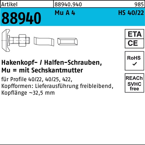 Hammerkopfschraube R 88940 40/22 6-ktmutter M10x 50 Mu A 4 50St. HALFEN