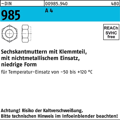 Sechskantmutter DIN 985 Klemmteil M5 A 4 1000 Stück