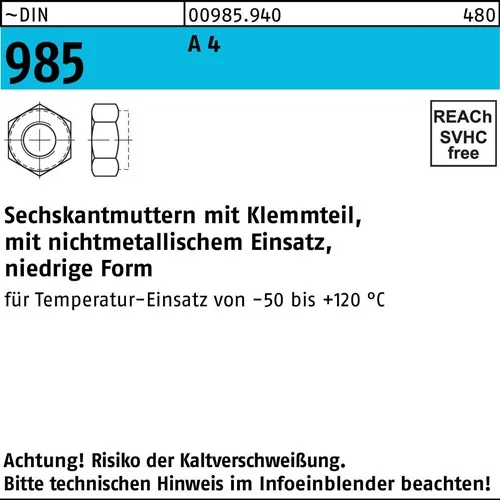 Sechskantmutter DIN 985 Klemmteil M4 A 4 1000 Stück