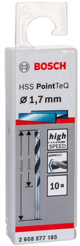 Bosch Metallspiralbohrer PointTeQ DIN388 Arbeits-L.20mm D.1,7mm Typ N 10St.