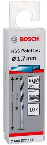 Bosch Metallspiralbohrer PointTeQ DIN388 Arbeits-L.20mm D.1,7mm Typ N 10St.