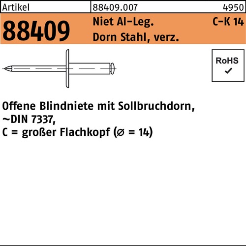 Blindniete R 88409 großer FLAKO 5x8 Niet Aluminium/Dorn Stahl verz. 250St.