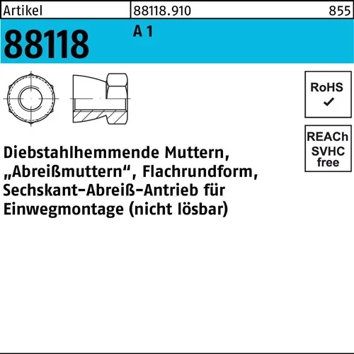 Mutter R 88118 diebstahlhemmend M6x 6 A 1 500 Stück