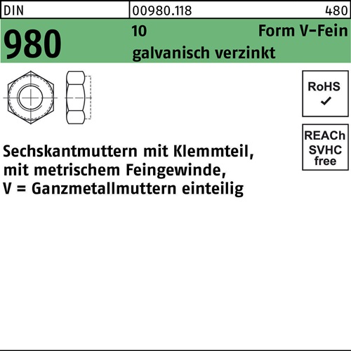 Sechskantmutter DIN 980 Klemmteil VM 14x 1,5 10 galv.verz. 100 Stück