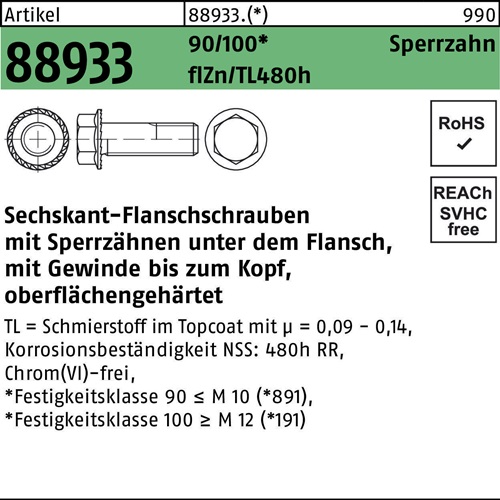 Sechskantflanschschraube R 88933 Sperrz. VG M16x25 90/100 flZnnc 480h-L 50St.