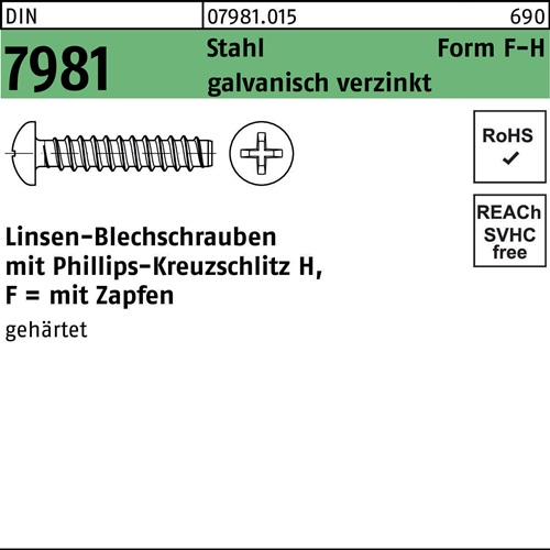 Blechschraube DIN 7981 LIKO PH F 3,9x6,5-H Stahl galv.verz. Zapfen 1000St.