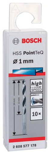 Bosch Metallspiralbohrer PointTeQ DIN388 Arbeits-L.12mm D.1mm Typ N 10St.