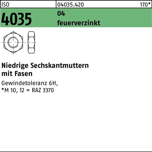 Sechskantmutter ISO 4035 niedrig Fasen M12 Automatenstahl feuerverz. 100St.