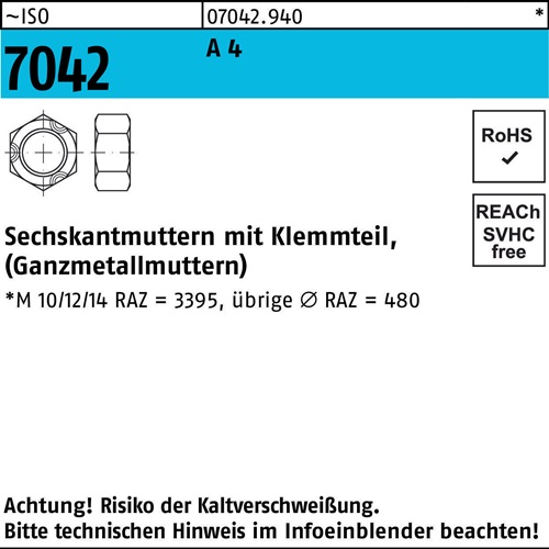 Sechskantmutter ISO 7042 Klemmteil M8 A 4 500 Stück