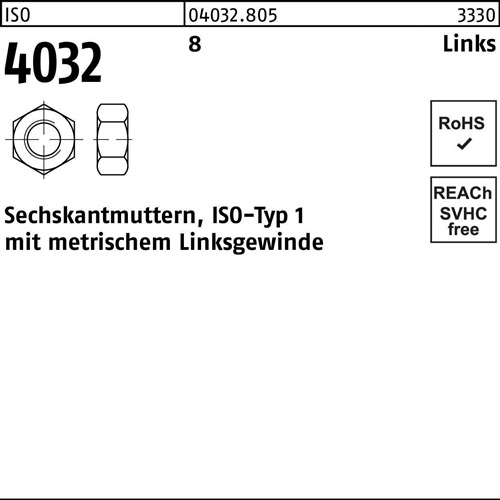 Sechskantmutter ISO 4032 links M12 -LH 8 100 Stück
