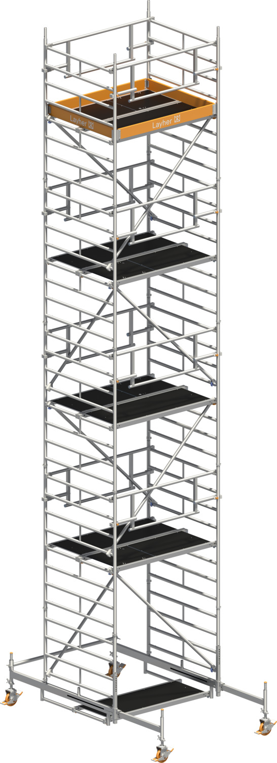 Layher Fahrgerüst Uni Kompakt P2 SAFETY PLUS mit Doppelgeländer Typ: 1425008 | SH: 8,38 m / AH: 10,38 m