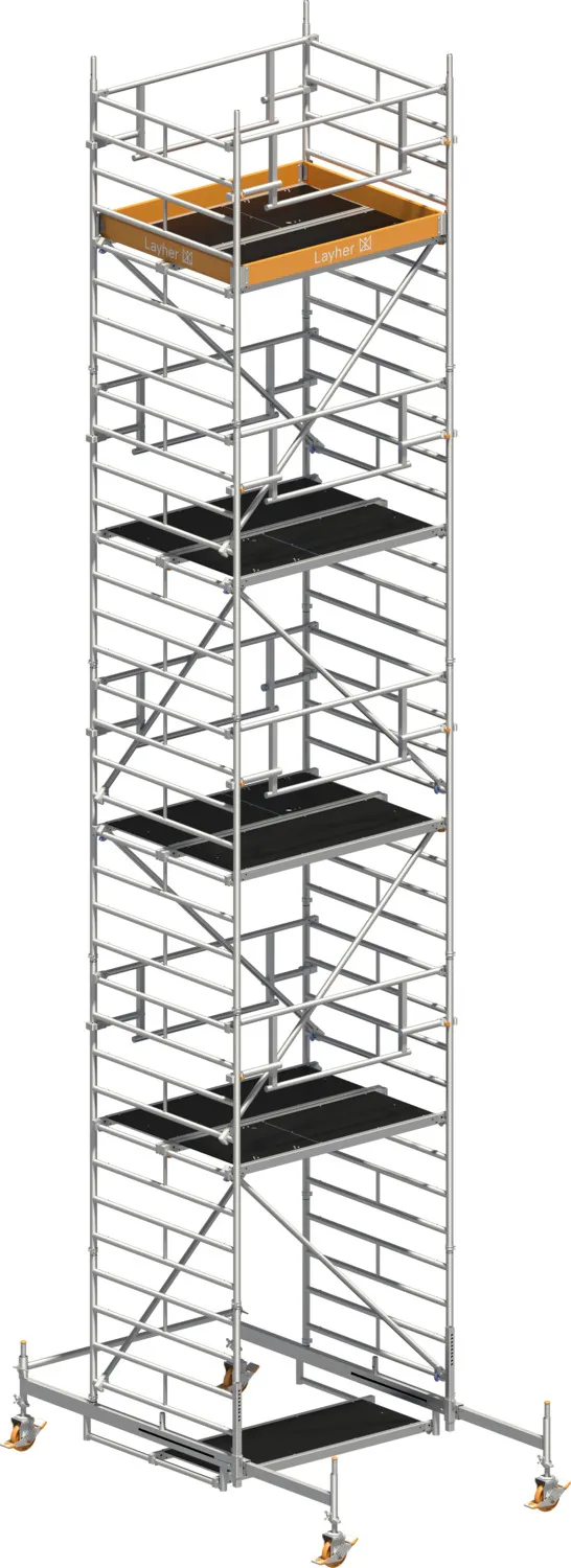 Layher Fahrgerüst Uni Kompakt P2 SAFETY PLUS mit Doppelgeländer Typ: 1425008 | SH: 8,38 m / AH: 10,38 m