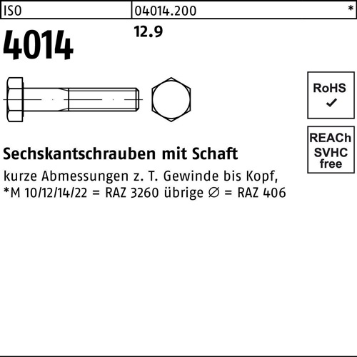 Sechskantschraube ISO 4014 Schaft M20x 100 12.9 25 Stück