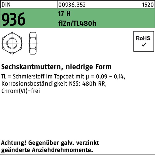 Sechskantmutter DIN 936 M10 17 H flZnnc 480h-L 500 Stück