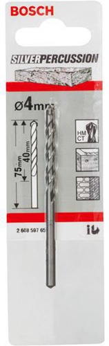 Bosch Betonbohrer Silver Percussion CYL-3 D.4mm Arbeits-L.40mm L.75mm Schaft-D.3,3mm